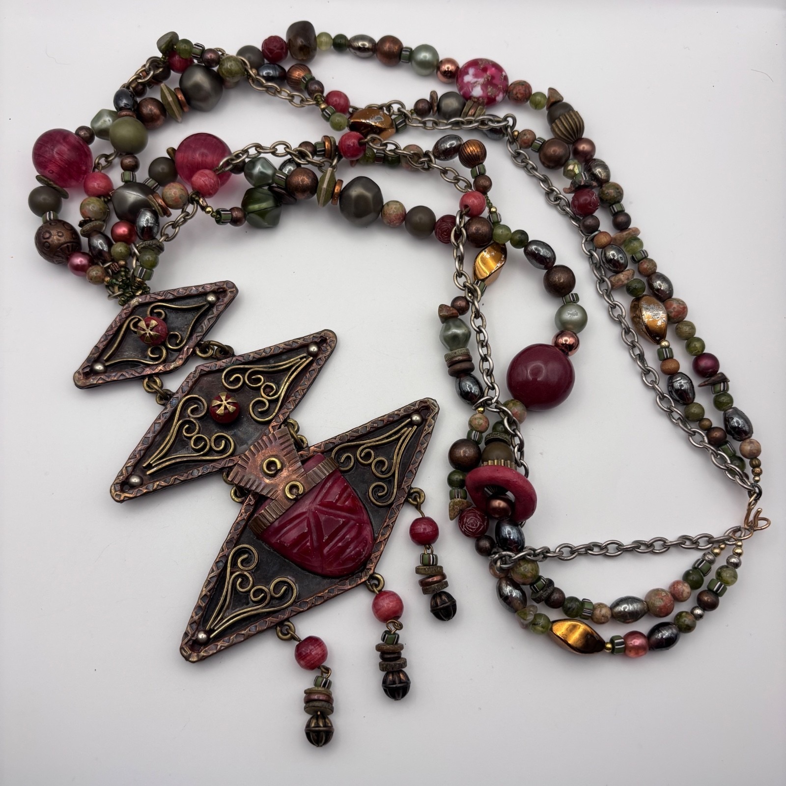 Vintage Cynthia Jean Statement Necklace Multi-Strand Beaded Stones 28" + Pendant
